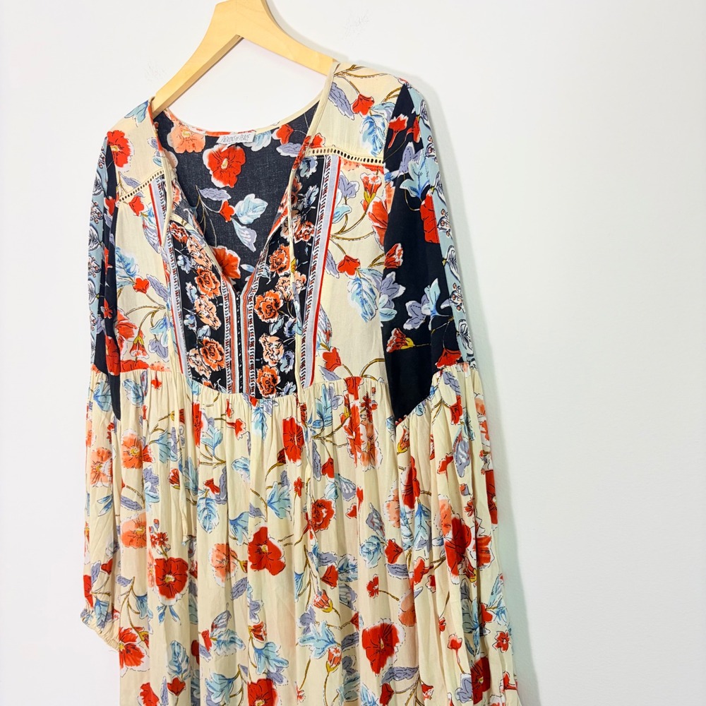 Patrons of Peace Floral Boho Mini Dress Small V-Neck Long‎ Sleeve Ruffle Hippie - Picture 4 of 7